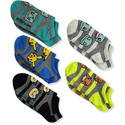 Image of Pokemon Boys&#039; Big 5 Pack No Show, Assorted Grey Stripe/el, Sock 6 8.5 fits Shoe Size 7.5 3.5
