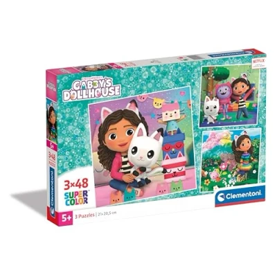 Image of Clementoni 25295 Gabby&#039;s Dollshouse Supercolor Dollhouse 3x48 Pieces (3 Included), Jigsaw Kids Age 5, Puzzle Cartoon, Made in Italy