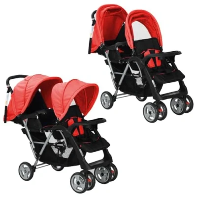 Image of vidaXL Red and Black Steel Tandem Stroller Dual Seat, Sun Protecting Canopies, Convenient Storage, Easily Manoeuvrable