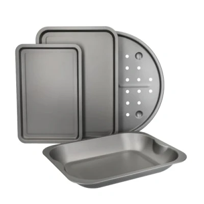 Image of KitchenCraft Non Stick Pizza &amp; Roasting Tin Set, 4 Piece Cooking Set Including Pan and Baking Trays, Carbon Steel, Gift Boxed