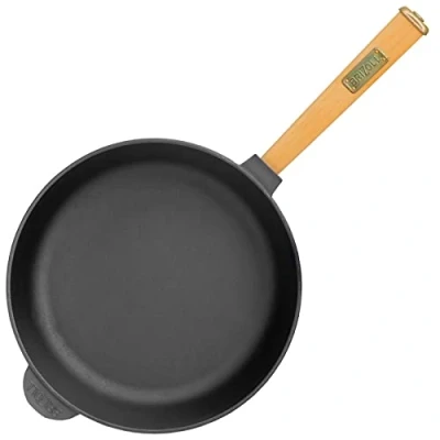 Image of Cast Iron Pan Diameter 24 cm Height 62 mm with Wooden Handle Induction Suitable for Gas Grill, Oven, Fire Pit and All Types of Cookers Including
