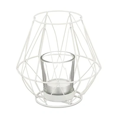 Image of Relaxdays Geometric Design Tealight Holder, White, 14 x cm, 70% Iron 30% Glass, for Home Decor, Weddings, Birthdays