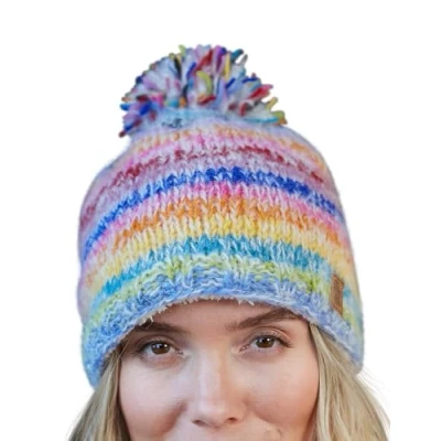 Image of Pachamama Women Soft Wool Mohair Beanie Bobble Hat Sherpa Fleece Lined Handknitted Stripe Pastel Multicoloured One Size Handmade Extra Warm Fair Trade