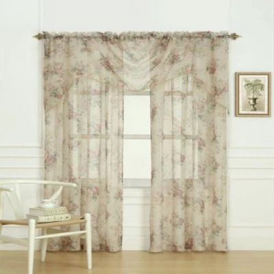 Image of Laura Ashley Stowe Sheer Curtain with Rod Pocket, Panel Measures 72&quot; W x 27&quot; L, Multicolored, 1 Swag