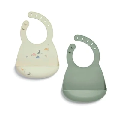 Image of Mamas &amp; Papas 2 Pack Waterproof Silicone Baby Bibs, Adjustable BPA Free Feeding Bibs with Large Pocket for Food Catching, Ideal Weaning 6 18 Months Dino Teal