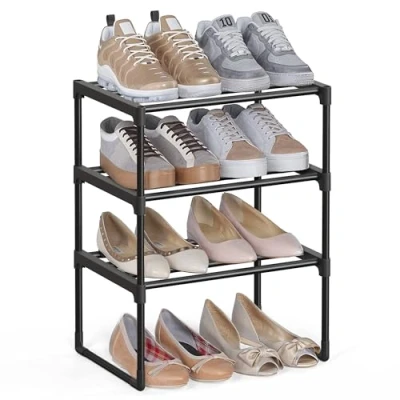Image of SONGMICS 3 Tier Shoe Rack, Storage Organiser, Metal Upright or Upside Down, Fits 4 to 8 Pairs, Stackable, for Hallway, 30 x 42.5 54.5 cm, Black LSA003B01