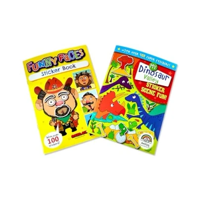Image of Anilas Set of 2 Books: Funny Faces Sticker Book by &amp; Dinosaur Colouring Rachel Ellen Designs. Ideal for Children Aged 3 8