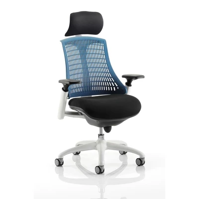 Image of Flex Task Operator Chair White Frame Black Fabric Seat with Headrest Blue Back