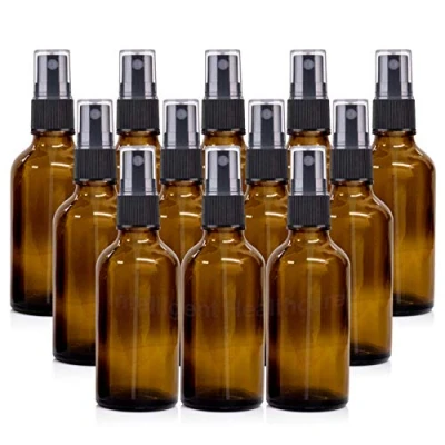 Image of Intelligent Healthcare PACK of 12 50ml Amber Glass Spray Bottles BLACK ATOMISER Mist Sprayers Recyclable Reusable for Essential Oil/Cosmetics/Aromatherapy/Liquid/Sanitising Use