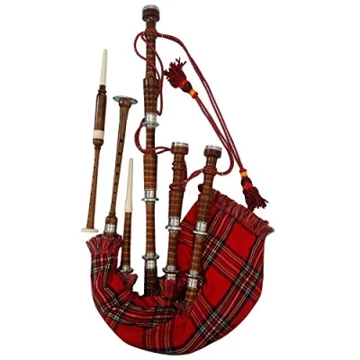 Image of Scottish Bagpipe Rosewood Royal Stewart Tartan Natural Color with Silver Plain Mounts Free Tutor Book, Carrying Bag, Drone, Reeds