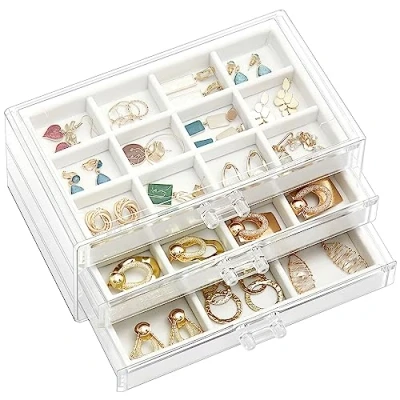 Image of ProCase Acrylic Earring Storage Organiser Jewellery Organizer Box with 3 Drawers, Stackable Jewelry Holder Clear Case Adjustable Trays for Women on Dresser Vanity Warmwhite,3 Layers