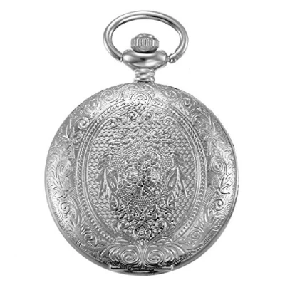 Image of JewelryWe Vintage Silver Flowers Case Quartz Pocket Watch Long Sweater Necklace 32 Inch Chain