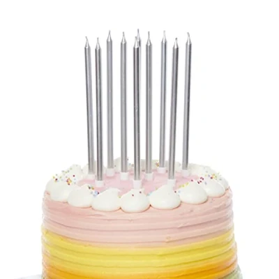 Image of Amscan 9911569 Silver Tall Skinny Cake Candles 10 Pack