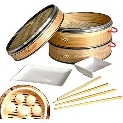 Image of Crystals 8 Inch Organic Bamboo Steamer Basket Large 2 Tiers with Lid and Plates, Pair Chopsticks Strong, Durable Reinforced Best for Dim Sum, Vegetables, Meat Fish Hand Made