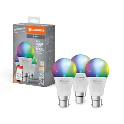 Image of LEDVANCE Smart LED lamp with WiFi Technology, B22d base matt Optics,RGBW Colours Changeable, Light Colour Changeable (2700K 6500K), 806 Lumen, 60W Replacement, dimmable, 3 Pack