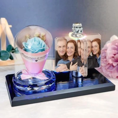 Image of Mexican Custom Photo Light LED Rose Flower Crystal Rectangular Frame Personality 3D Gift for Christmas