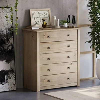 Image of Vida Designs Panama 5 Drawer Chest Solid Pine Wood Waxed Oak Finish