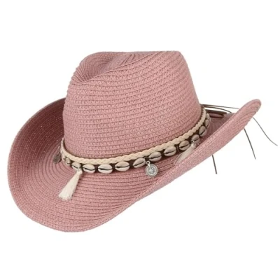 Image of GEMVIE Women&#039;s Summer Straw Cowboy Cowgirl Hat Sun Hats Wide Brim Beach Holiday with Shell Band Pink