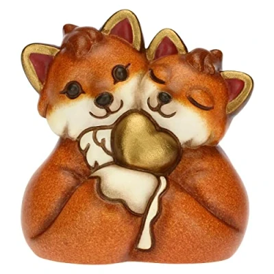 Image of THUN, Hand Decorated Ceramic Favor with Iconic Pair of Fox and Golden Heart, Symbol Love, Line, 4,8x3,5x5 cm h