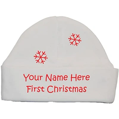 Image of Acce Products My First Christmas Personalised Name &amp; Year Baby Beanie Hat 0 3 Months White