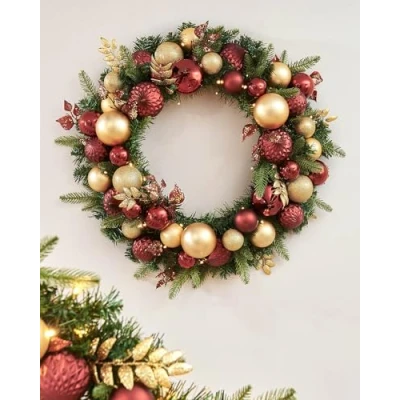 Image of Pre Lit Decorated Wreath, Burgundy/Gold