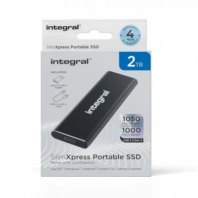 Image of Integral SlimXpress 2TB USB &amp; C 3.2 Gen 2 Portable External SSD Super Fast 1050MB/s Read / 1000MB/s Write speeds, Sleek Aluminium Casing and Plug Play. Mac, PC, XBOX Playstation Compatible