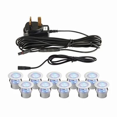 Image of Saxby Kios 30mm Round Polished Stainless Steel IP44 Indoor Outdoor Garden Bathroom Stairs Decking Patio Blue LED Light Kit