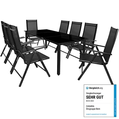 Image of CASARIA® Bern 8+1 Garden Dining Furniture Set 8x 8 Way Adjustable High Back Folding Chairs Table 190x90cm Aluminium 5mm Black Safety Glass Weatherproof Patio Balcony Deck Seating Anthracite