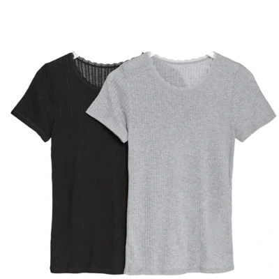 Image of EX M&amp;S Womens Pack of 2 Thermal Long Sleeve Pointelle Tops Ladies Warm Vest Size 6 28 (UK, Numeric, 20, Regular, Grey/Black)