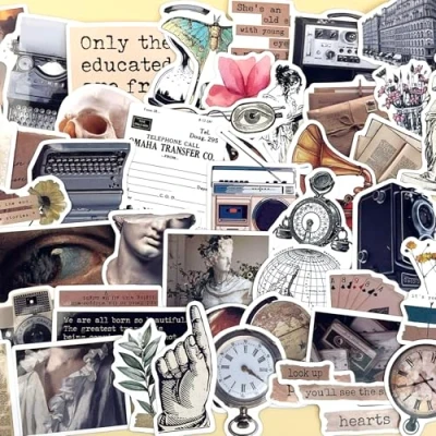Image of 50 Vintage Stickers, Aesthetic Vinyl Retro Stickers for Laptop Scrapbook Notebook Guitar Suitcase Skateboard
