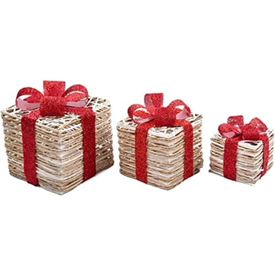 Image of SHATCHI Light Up Christmas Parcels Pre Lit Battery Operated LED Glitter Sisal/Rattan Xmas Presents Holiday Home Novelty Decorations Set of 3 Gold/Red/Cream/Tartan, White &amp; Brown, 25cm/20cm/15cm