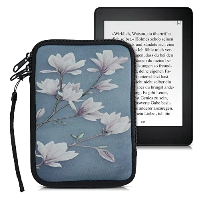 Image of kwmobile Neoprene e Reader Pouch Size 6&quot; eReader Universal eBook Sleeve Case with Zipper, Wrist Strap Taupe/White/Blue Grey