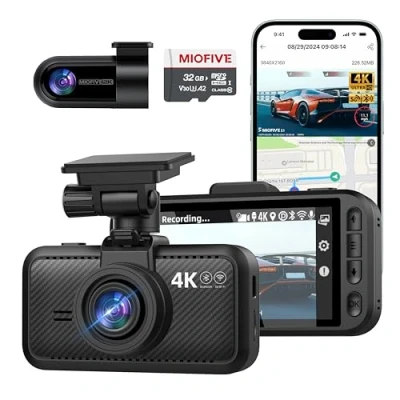 Image of Miofive Dash Cam Front and Rear, 4K+2K Dual Camera for Cars, Includes a 32GB Card, Built in Wi Fi, Bluetooth, GPS, Night Vision, HDR, 24 Hour Parking Mode, App Control, Supports up to 512GB