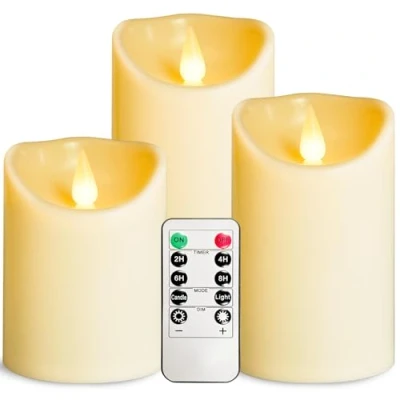 Image of OSHINE Plastic Battery Flameless Candles led Set of 3 Ivory D3 H4 5&quot; 6&quot; Powered Outdoor Candle Operated with Remote Control and Timer Electric Fake Flickering for Decoration Party