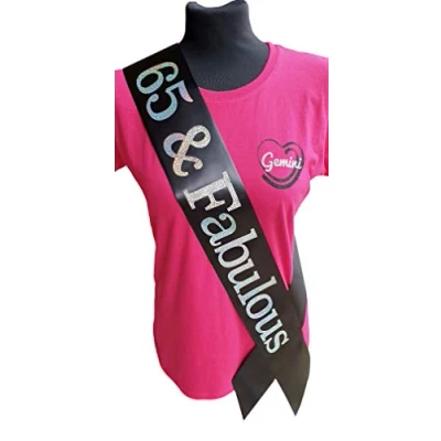 Image of Gemini Ribbons 65 and Fabulous 65th Birthday Sash Holographic Party Womens Mens Gift