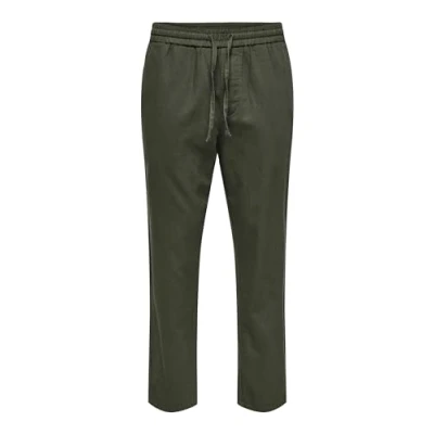 Image of ONLY &amp; SONS Men&#039;s Onslinus Crop 0007 Cot Lin PNT Noos Fabric Trousers, Olive Night, M