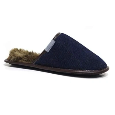 Image of Dunlop Mens Famous Slippers New Slip On Faux Sheepskin Fur Cosy with Memory Foam (8 UK, Navy. / Tweed)