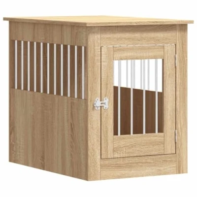 Image of &#039;vidaXL Dual function Dog Crate Furniture Kennel and End Table Engineered Wood Steel Construction Adjustable Lockable Door Ventilated Design Sonoma Oak
