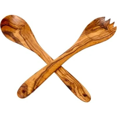Image of Olive Wood Salad Servers, Handcrafted Wooden Fork and Spoon Tongs, Perfect Salard Servers Set for Serving or Mixing Salads (25 cm)