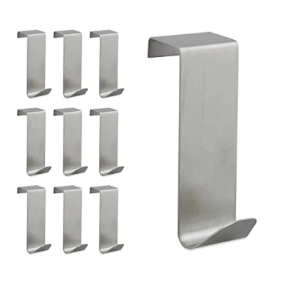 Image of Relaxdays Door Hooks Set of 10, Hanging Coat Rack for Window &amp; Closet, 2 cm Seam, Stainless Steel, Silver
