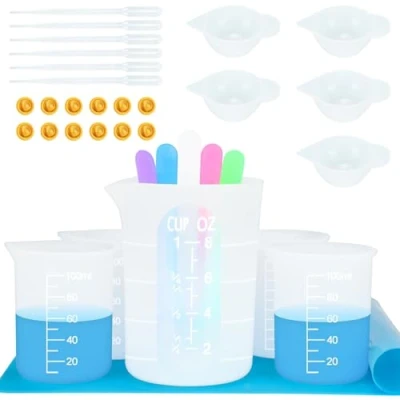 Image of Creahaus Silicone Measuring Cups Tool Kit for Resin, Non Stick 250 &amp; 100ml Resin Mixing Cups, Reusable Accessories with Mat, Stir Sticks, Pipettes, Color Molds, Jewelry Making