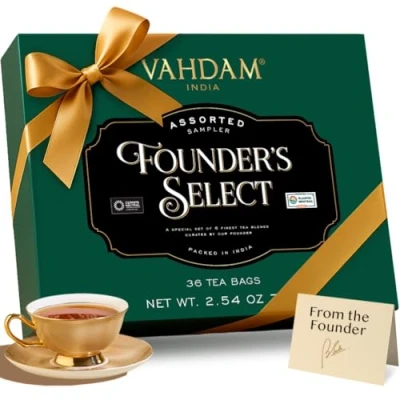 Image of VAHDAM, Assorted Tea Sampler Gift Set 8 Delicious Wellness Blend from India (40 Individually Wrapped Ecofriendly Pyramid Bags) I Gifts for Women and Men Lovers