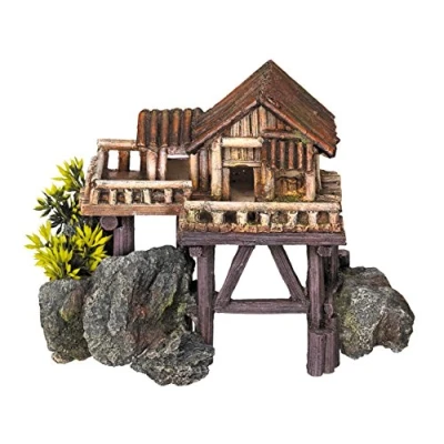 Image of Nobby Wooden House with Plants Aquarium Ornaments, 23 x 12.3 17 cm