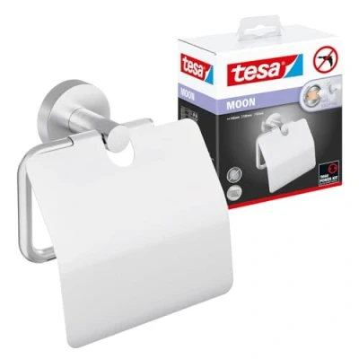 Image of tesa MOON Toilet Paper Holder with Lid for Bathrooms and Guest Toilets matt black Including Self Adhesive Solution without Drilling 53 mm x 140 128