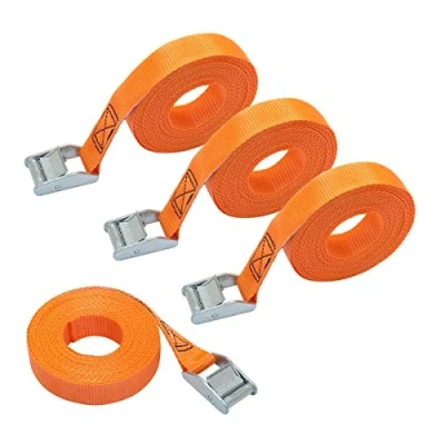Image of Amazon Basics Lashing Strap, 6 m Long, 25 mm Wide, Load Capacity 150 kg, DIN EN 12195 2 Passed Orange (4 Pack)