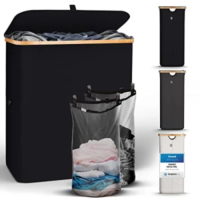 Image of HENNEZ 141L Laundry Basket 2 Compartments Black With Lid Double Washing for Hamper Bin Dirty Clothes Large Wash