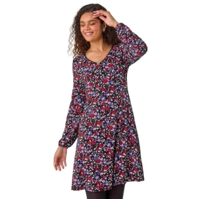 Image of Roman Originals Long Sleeve Tea Dress for Women UK Ladies Fit &amp; Flare Skater Swing Wrap Stretchy Frill Autumn Winter Evening Cocktail Party Work Office Casual Knee Length Purple Black Size 12