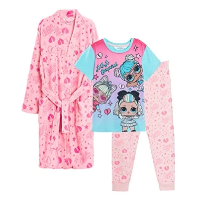 Image of Girls LOL Surprise Pyjamas + Bath Robe Matching Set Kids Nightwear Dressing Gown and Pjs Pink 5 6 Years