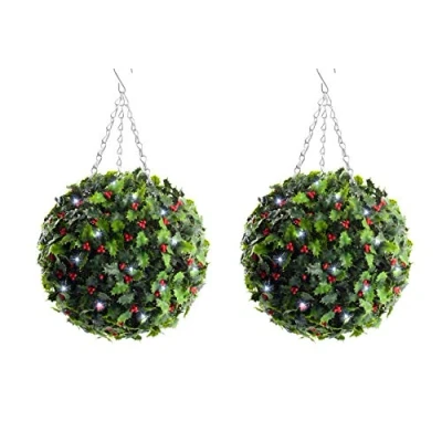 Image of Best Artificial (Set of 2) Pre Lit 28cm Christmas Holly Topiary Balls Battery Operated Lights with Timer Outdoor
