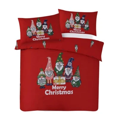 Image of Charlotte Andersen Christmas Gonks Duvet Cover Set Double Xmas Grey Red Blue Festive Bedding with Pillowcases (Red, Double)